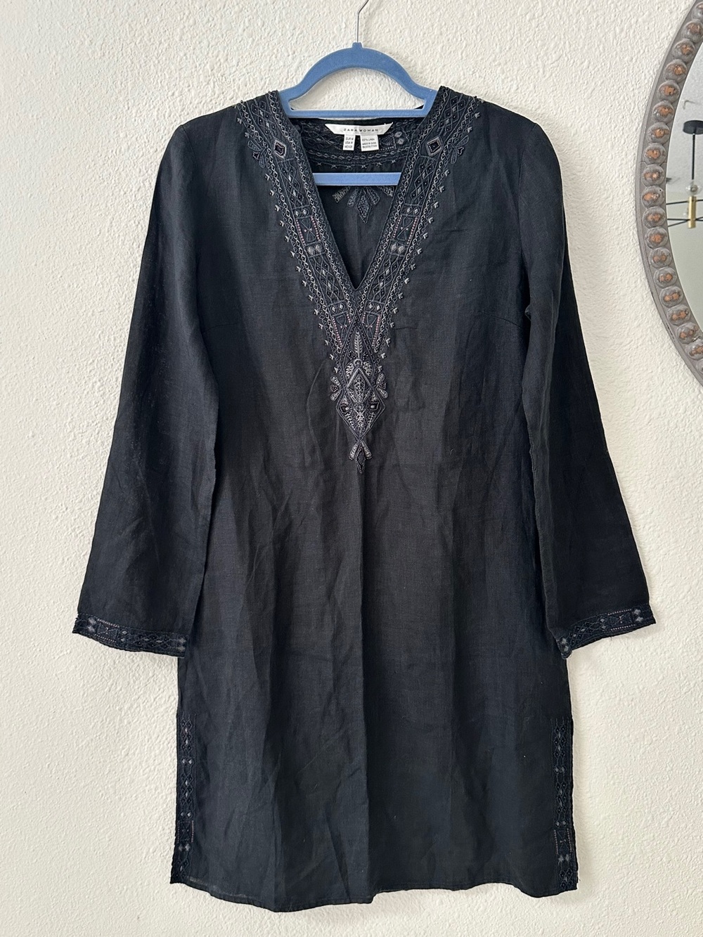 Zara Black Linen Embroidered V-Neck Tunic